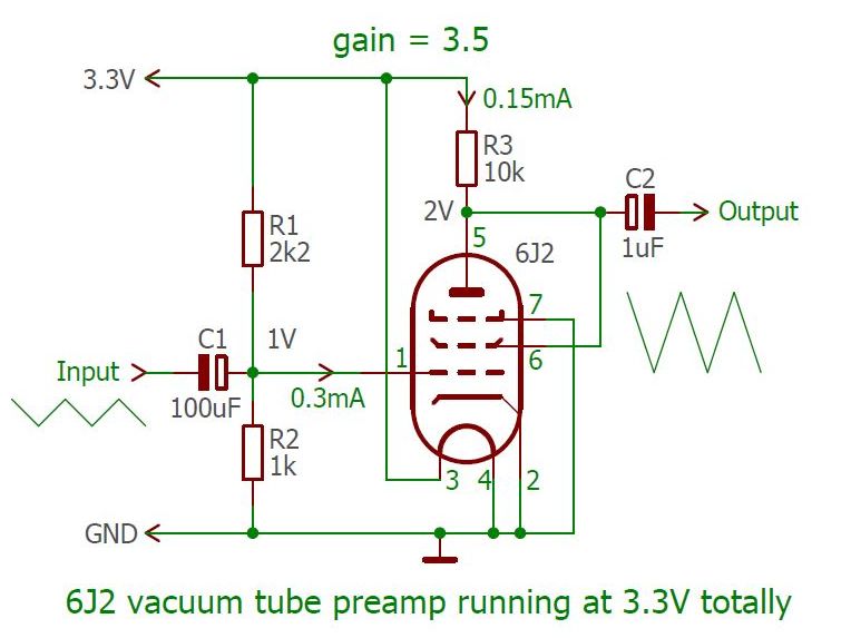 Circuit 6J2 tube preamp with 3.3V filament and anode voltage Circuit 6J2 tube preamp with 3.3V filament and anode voltage